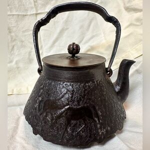 Rustic Black Cast Iron Japanese Tetsubin with Horse Motif